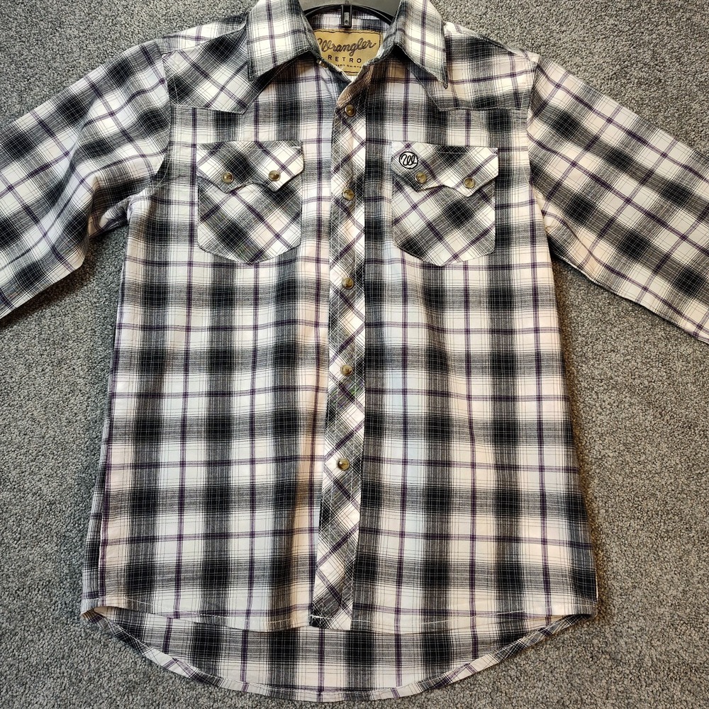 Wrangler Retro Boys Medium Gray Plaid Pearl Snap Western Shirt Long Sleeve